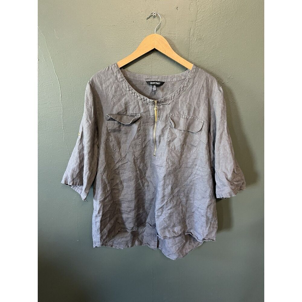 Ellen Tracy Womens Gray 1/4 Zip 3/4 Sleeve Blouse Size XL